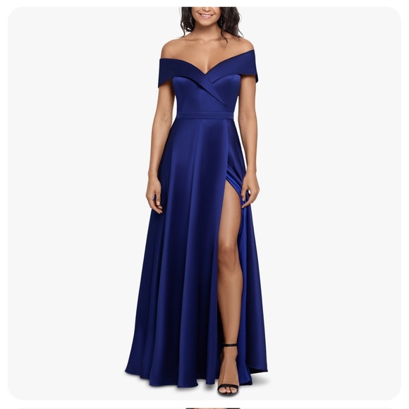 Xscape Dresses Xscape Blue Satin Gown High Slit Wrap Nwt Poshmark